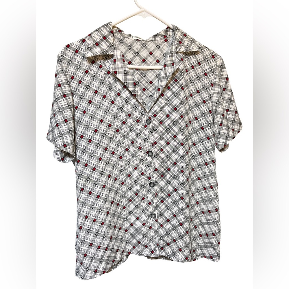Salvatore Ferragamo Vintage White and Red Plaid Short Sleeve Button Down Shirt